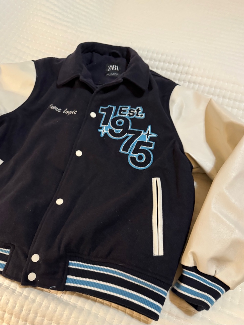 Zara Navy and Cream Collegiate Jacket with Light Blue Embroidery